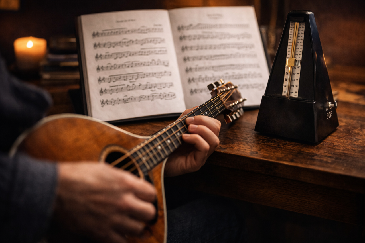 Musician practising Irish bouzouki with metronome and sheet music to improve timing rhythm and consistent tempo control